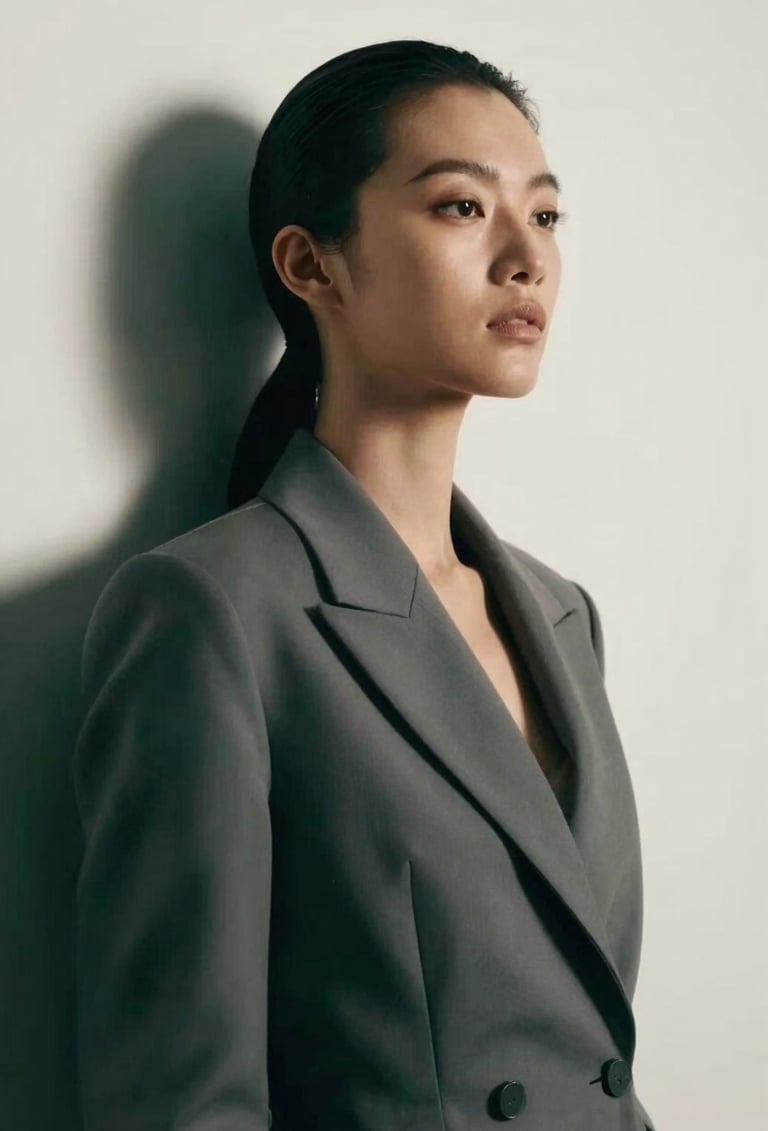 High-fashion editorial portrait of a woman looking away, dramatic lighting from the side casting shadows in #26211F. The background is a clean #F5F4F0 wall. She wears a structured garment in #6B625E. Artistic and elegant mood.