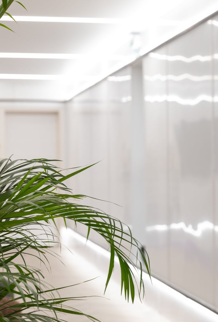 a plant in a business premises with a plant in the middle