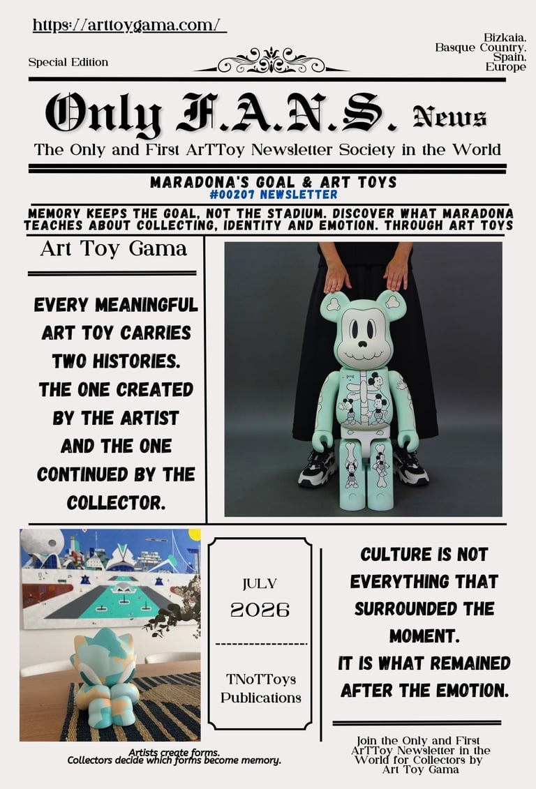 Only F.A.N.S. News newsletter featuring a large mint green Bearbrick art toy and designer collectible figures.