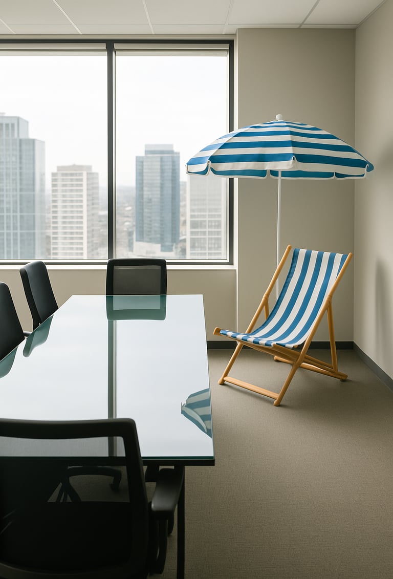 a boardroom table with chairs and a beach chair and umbrella