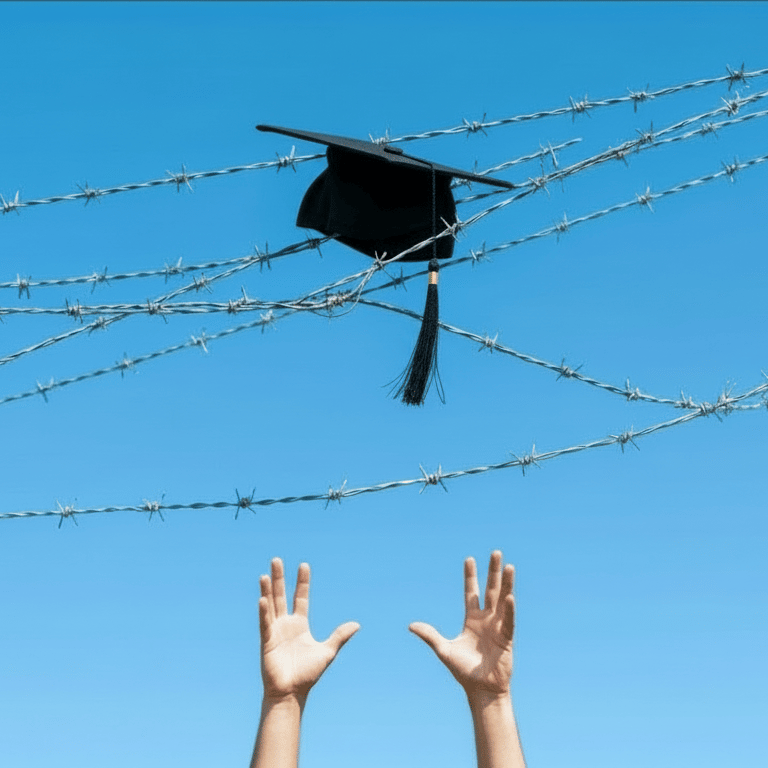 graduation hat caught in barbed wire
