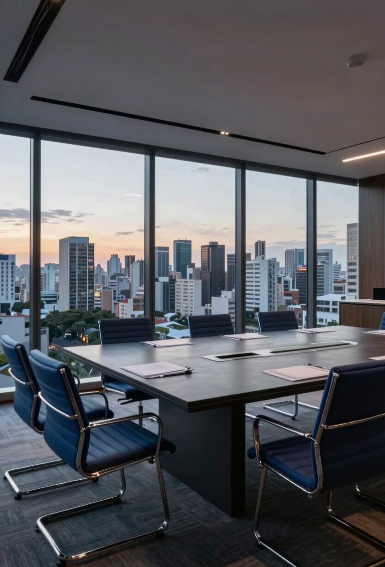 A wide-angle professional shot of a modern South American / Brazilian executive boardroom with a large Dark Slate Grey table, Steel Blue chairs, and a panoramic view of a city skyline at dusk. Elegant and calm atmosphere.