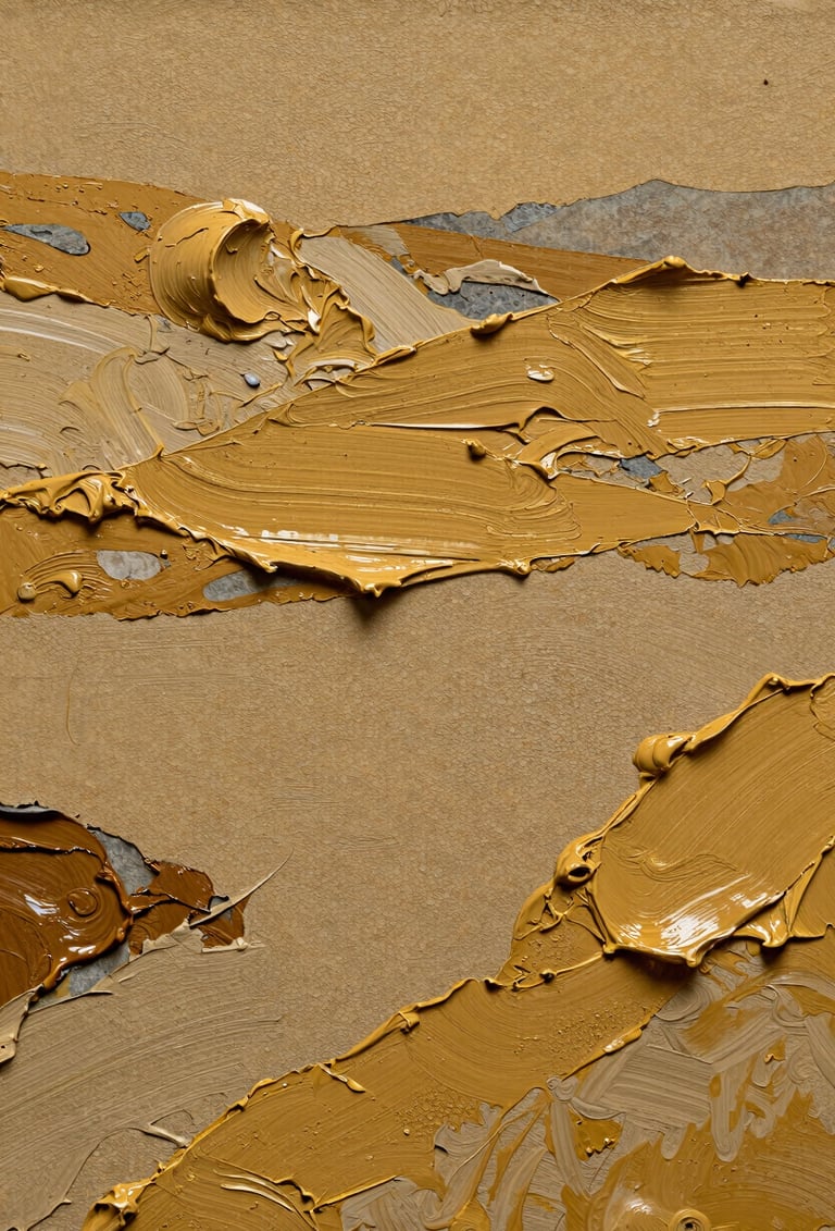 A macro photography shot of an experimental painting by a Northern European / Welsh / British artist. The texture shows thick layers of golden ochre oil paint mixed with slate mist sand, creating a rugged, landscape-like surface under warm, focused studio lighting.