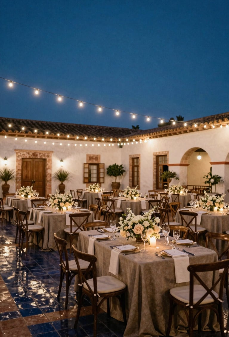 Wide landscape photograph of a luxury wedding reception in a historic Hispanic hacienda courtyard at twilight. String lights reflect in dark midnight blue tiles, tables are set with warm champagne grey linens and cream white flowers, sophisticated atmosphere.