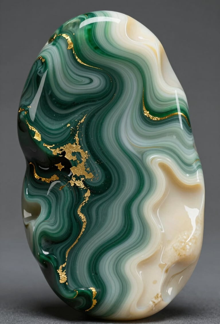 Macro photography of a resin art piece from Series IV, featuring swirling Deep Forest Green and Elegant Cream textures with subtle gold leaf inclusions, reflecting soft studio light.