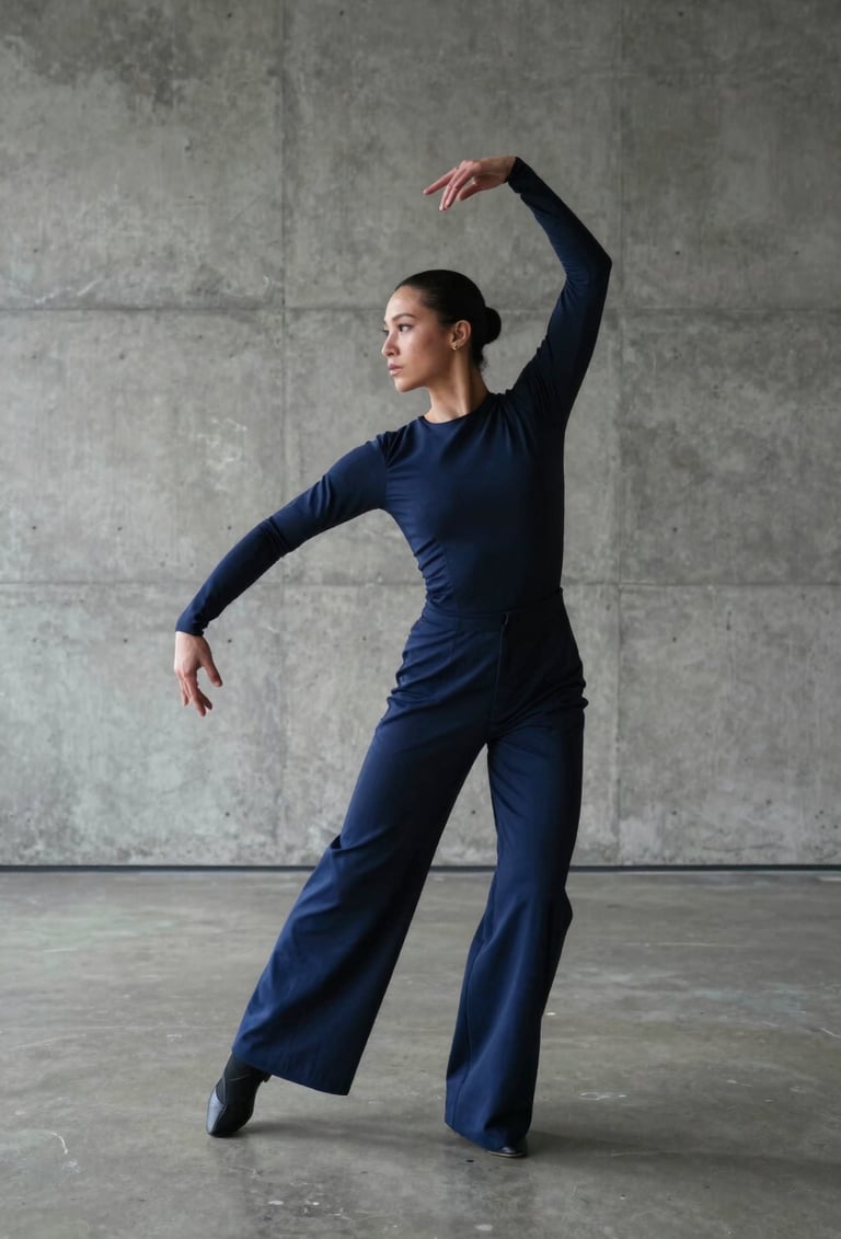 A full-length artistic photography shot of a performer in a minimalist concrete gallery space. The subject is posed in a vogue-inspired stance, wearing futuristic dark blue textiles. North American / US setting, professional fashion photography.