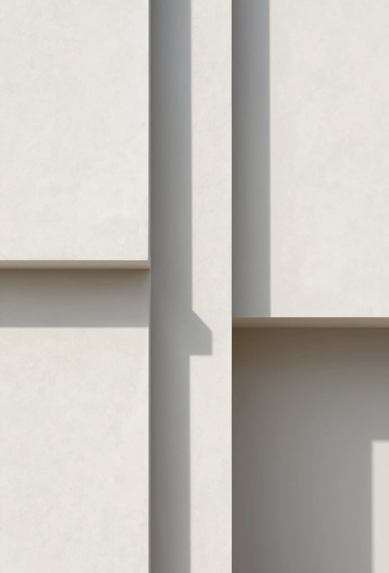 Minimalist architectural detail showing high-contrast shadows on an off-white textured wall, clean lines, artistic and premium mood with a focus on geometric simplicity.