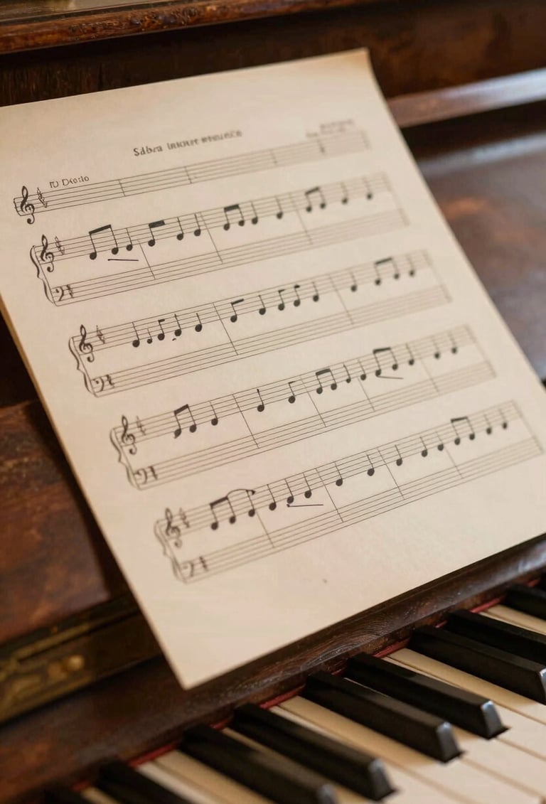 A close-up artistic shot of an original handwritten musical score resting on an aged wooden piano. The lighting is warm and golden (Sabbia tenue #DDCBC0), emphasizing the texture of the paper and the ink, evoking a sense of classical music history and passion.