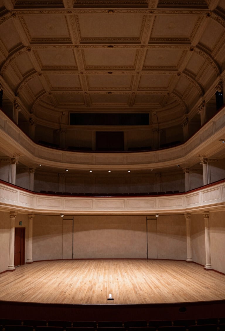 A wide angle shot of a grand 19th-century Spanish concert hall stage, elegant architecture, muted sand and deep taupe colors, professional photography, Southern European / Spanish cultural heritage.