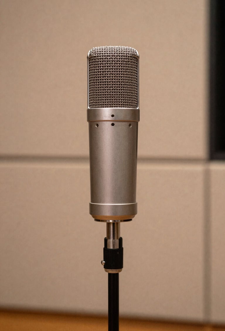 A close-up shot of a high-end vintage studio microphone on a stand. The background features soft sand-colored acoustic panels. The lighting is warm and inviting, suggesting a high-end recording session.