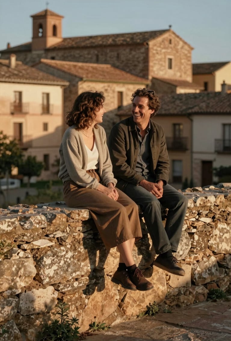 A vertical, candid shot of a couple sitting on an old rustic stone wall in an Iberian village. They are laughing naturally, looking at each other. Soft, late afternoon sun casts long shadows. Natural cinematic lighting, earthy tones of terracotta and brown in the background architecture.