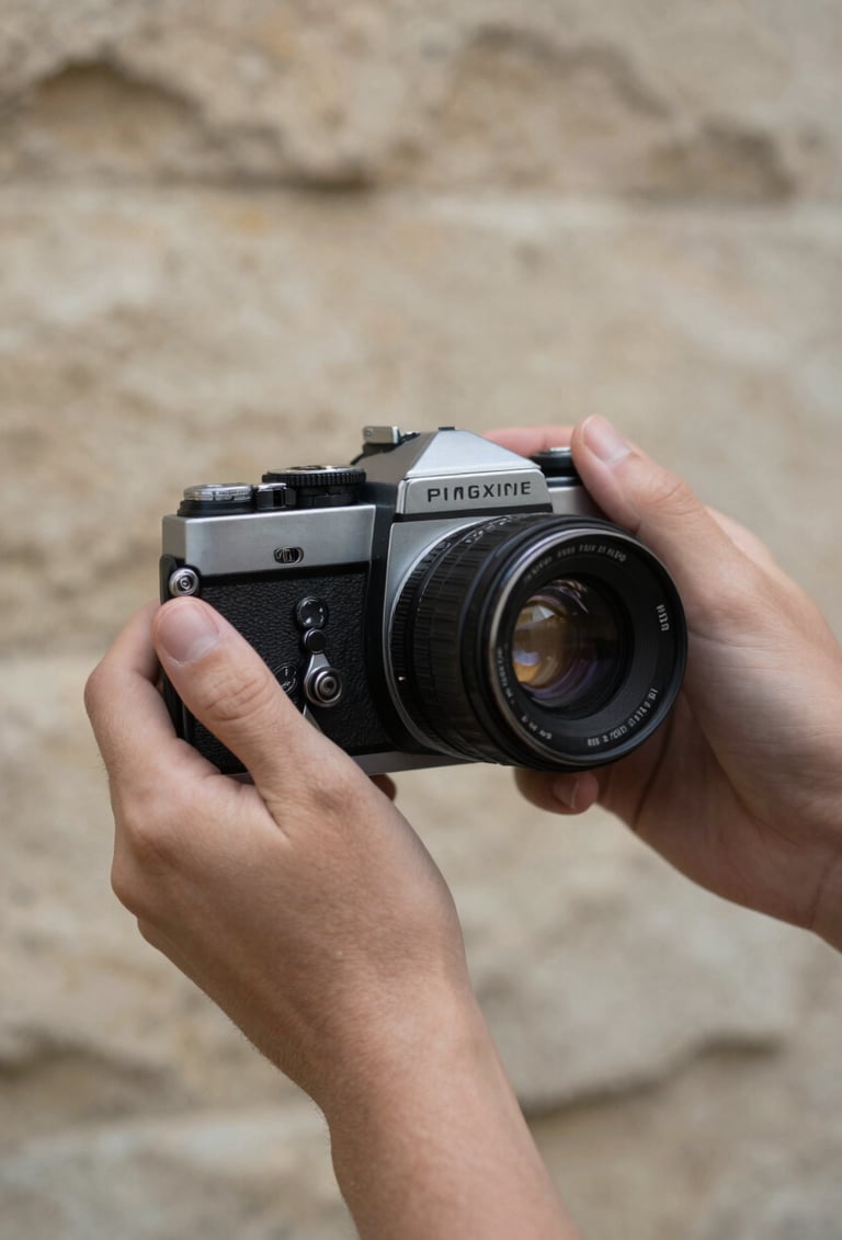 Artistic detail shot of hands holding a vintage 35mm camera, deep #262626 textures against a warm #F5F0E1 stone wall. Soft, natural lighting capturing a sense of nostalgia.