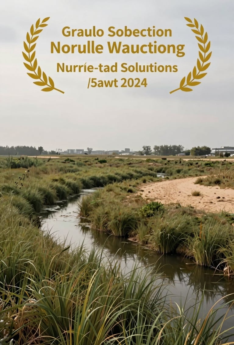 Wide angle landscape photography of an urban wetland project, showcasing nature-based solutions with native grasses and water channels, muted olive green and warm sand tones under an overcast sky.