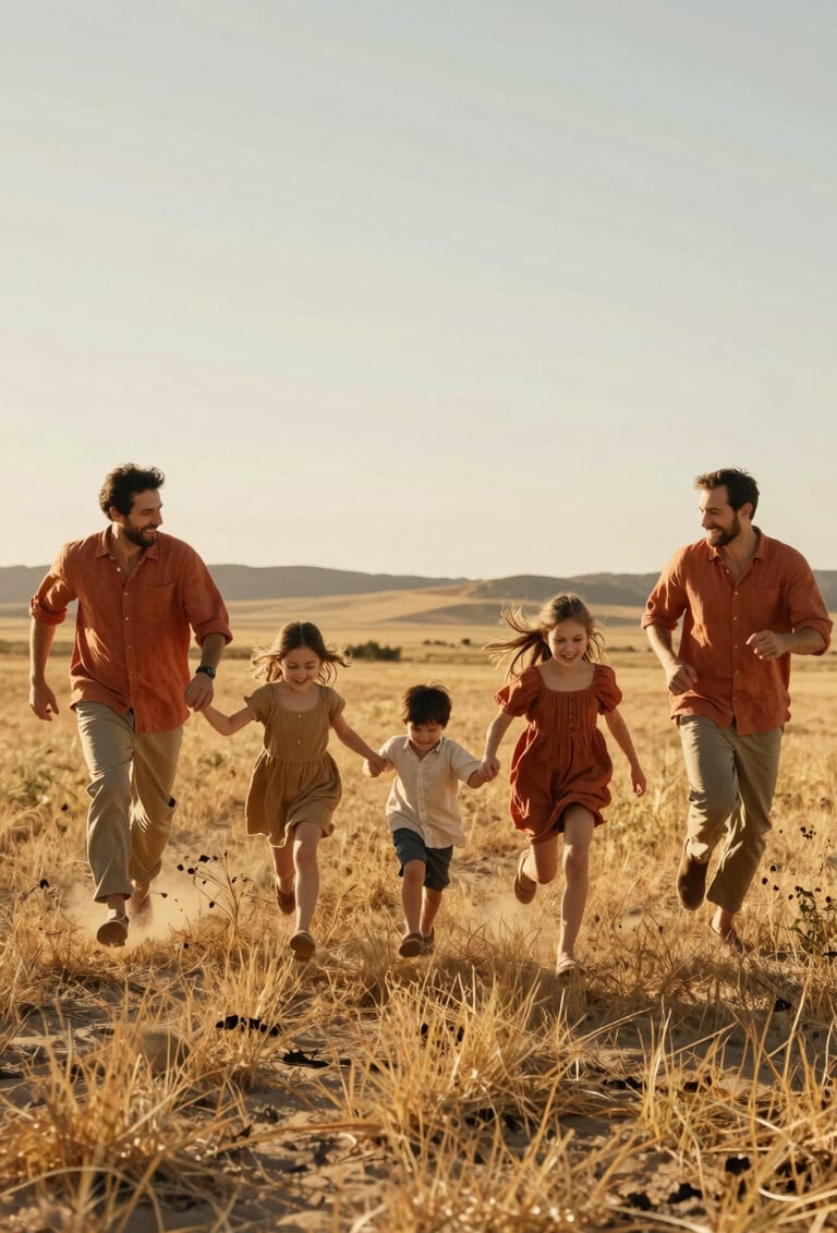 A wide-angle candid shot of a happy family running through a sun-drenched field in a North American / US rural setting. The lighting is golden and warm, highlighting soft sand and terracotta tones in their linen clothing. Cinematic grain and a sense of movement and authentic joy.