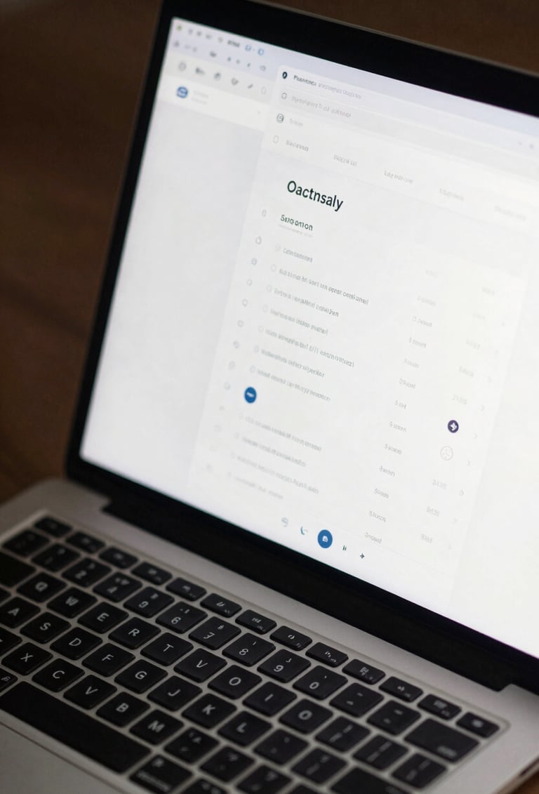Close-up photography of a professional laptop screen showing a sleek web application dashboard with muted navy and white interface elements, elegant minimalist design.