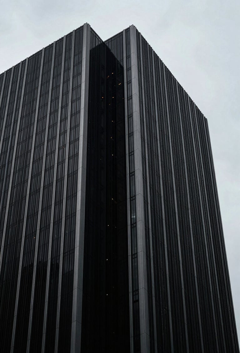 A minimalist close-up of architectural details of a modern skyscraper in a North American city, sharp angles, deep black shadows against a bright light gray sky, focusing on clean geometric lines.