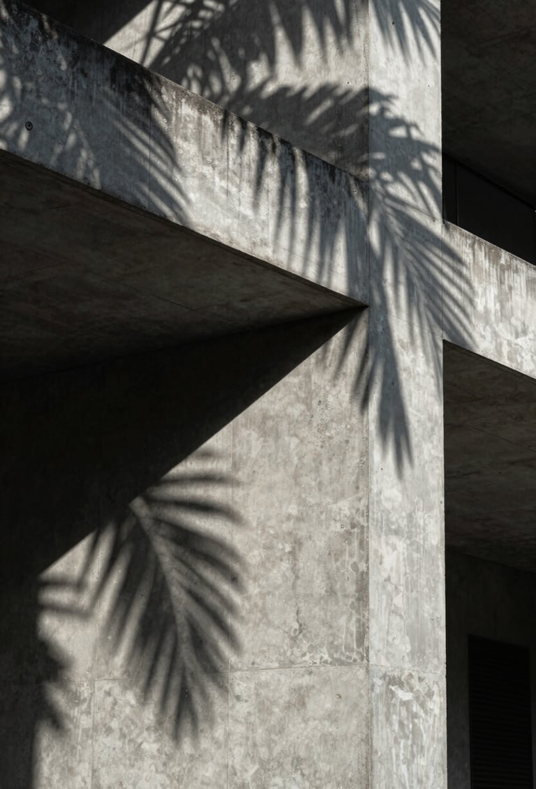 Architectural detail of a concrete facade in Olinda, geometric shadows cast by tropical sun, deep charcoal and light silver gray tones, technical and precise composition.