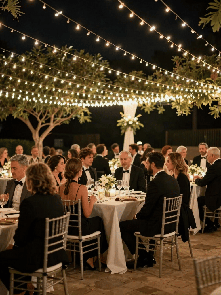 Wide shot of a Spanish wedding reception at night, elegant outdoor lighting with soft gold fairy lights, guests in black-tie attire, deep grey and off-white accents.