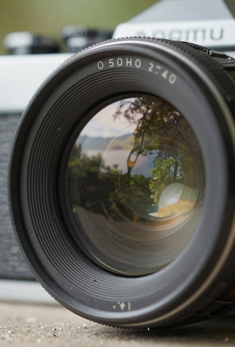 Close-up of a vintage 35mm film camera lens reflecting a South American / Brazilian landscape with soft olive green tones and pristine off-white light highlights.