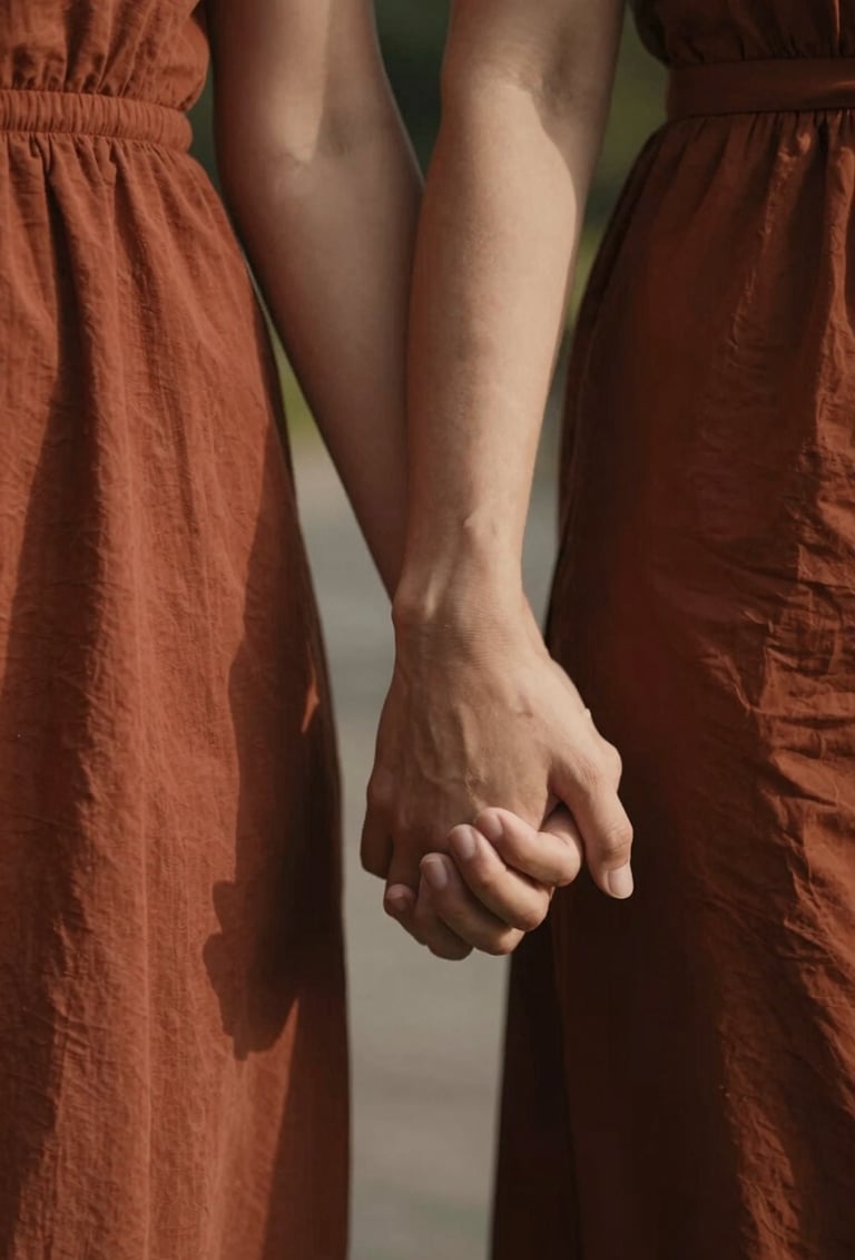 A close-up, intimate photograph of a couple's hands gently intertwined while walking. Soft, warm sunlight filters through, highlighting textures of their clothing in Terracotta (#C0766B) and the soft skin tones. Cinematic, high-contrast lighting with a focus on connection and emotion.