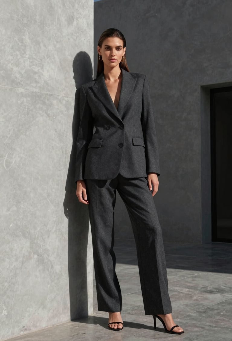 A professional video thumbnail showing a fashion model posing in a minimalist South American architectural setting, sharp shadows, elegant lighting, cloud grey and dark charcoal palette.