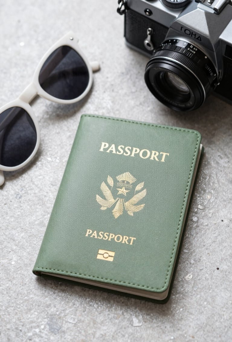 A top-down aesthetic shot of a travel kit: a sage green passport holder, mist white sunglasses, and a vintage film camera on a soft silver stone surface. Sharp focus, clean and professional.