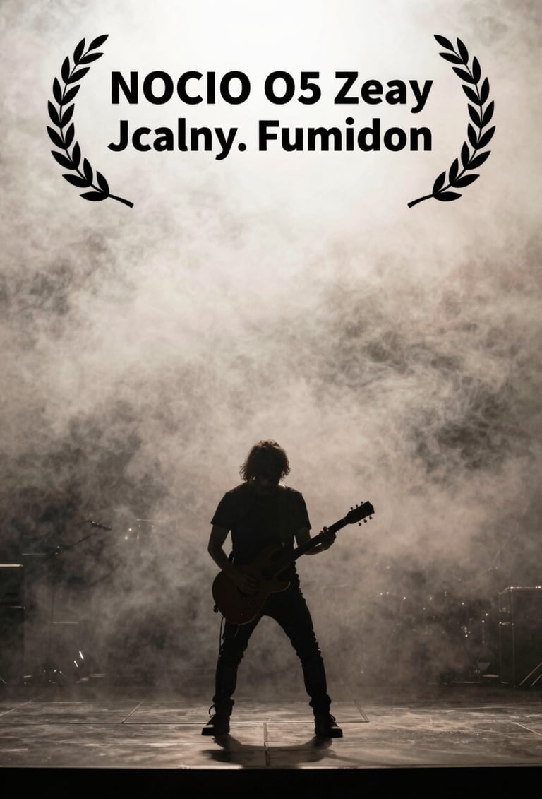 A wide-angle, atmospheric photo of a guitarist's silhouette playing on a dimly lit stage, with soft alabaster white stage smoke and deep obsidian black shadows.