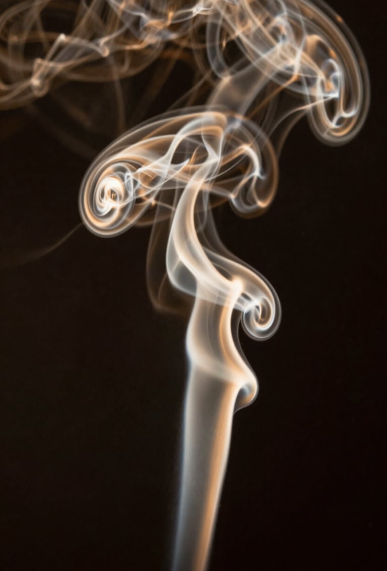 Macro photography of smoke curling through a dark space, illuminated by a sliver of burnished gold light. The smoke takes on a structural, lattice-like form, suggesting organic computation. Sophisticated and mysterious tone.