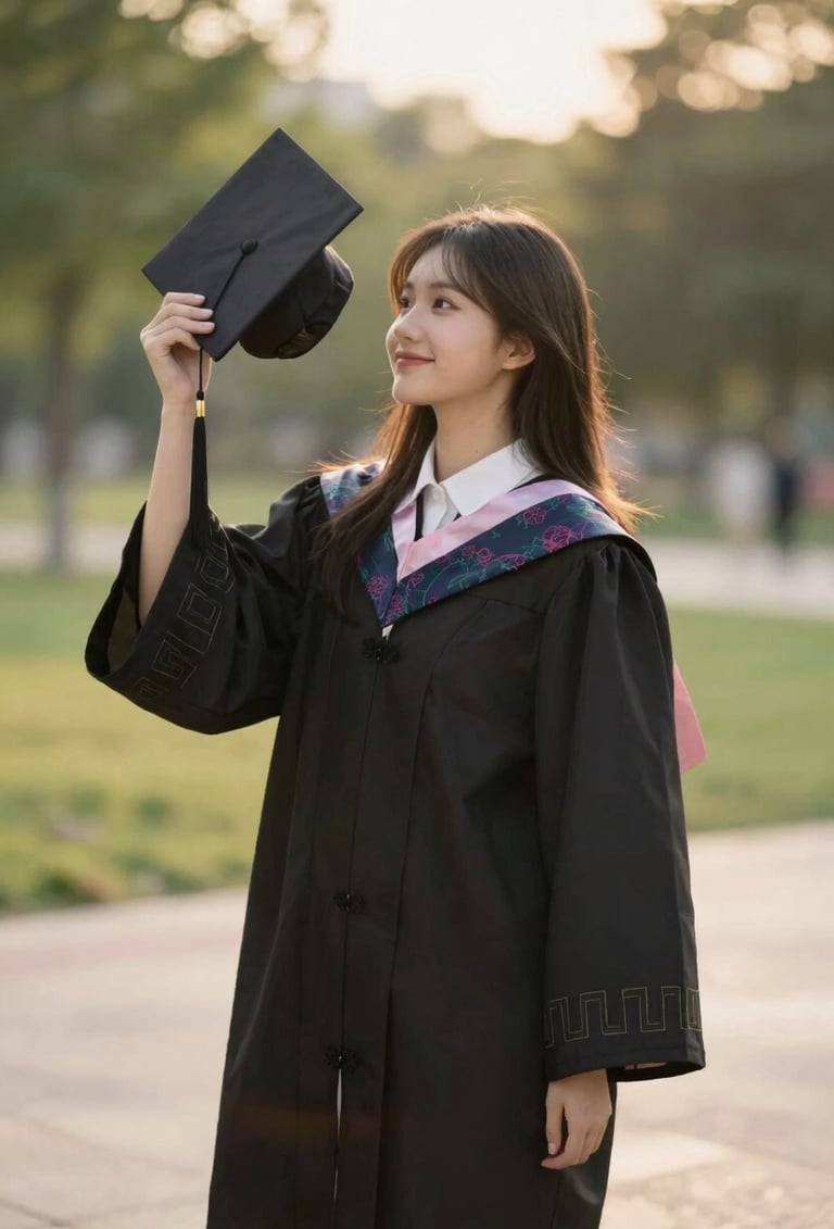 A photography portrait of a high school senior girl in a graduation gown, holding her cap and looking toward the horizon with a joyful expression. Outdoor setting in a North American park during golden hour. The composition is a medium shot with a creamy bokeh background. Tones of dark chocolate and cream.