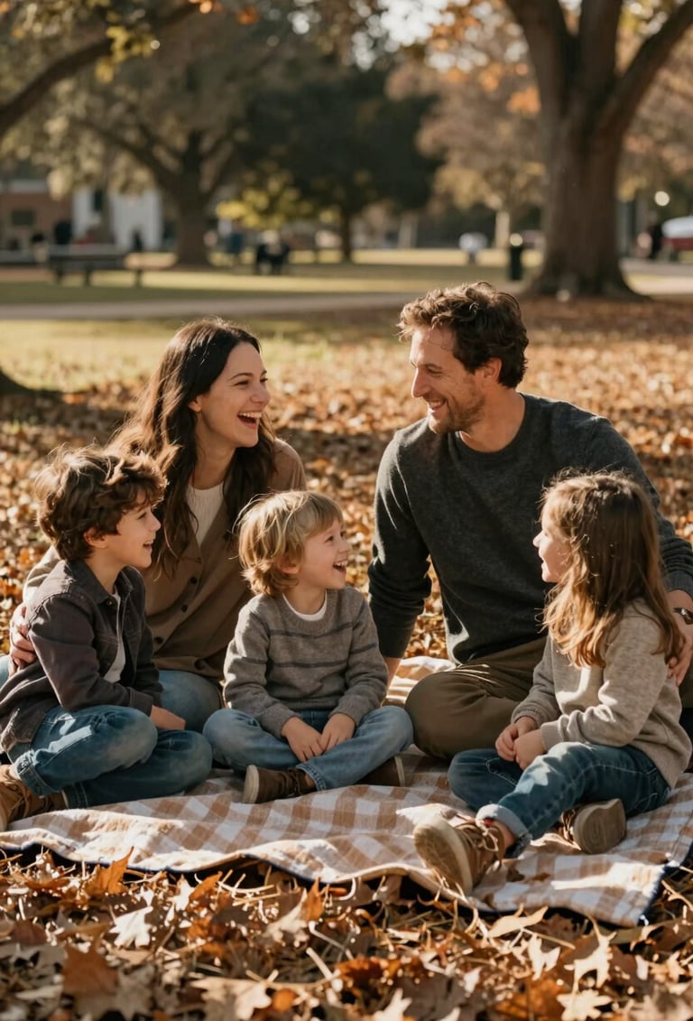 A joyful North American / US family of four sitting on a picnic blanket in a sun-lit park. Authentic, candid laughter and interaction. The father wears a Charcoal sweater. The scene is bathed in warm, cinematic light. Storytelling atmosphere with Muted Brown autumn leaves.