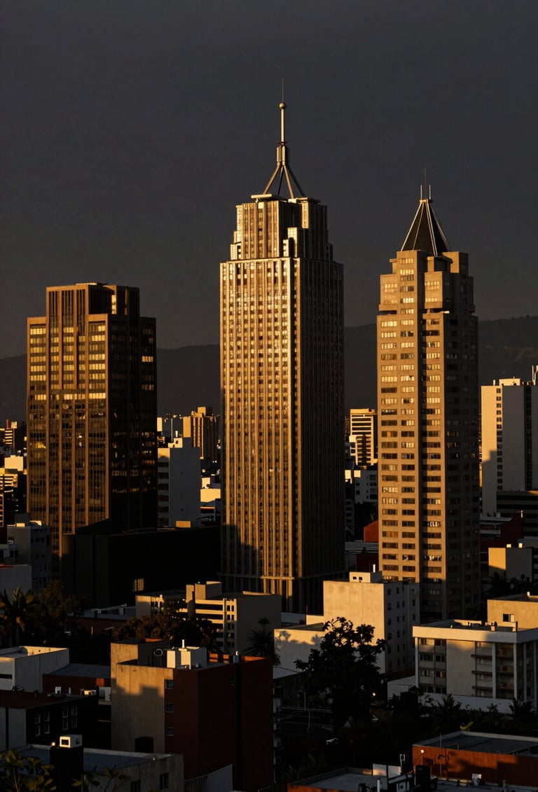 Amplia panorámica de la ciudad de Monterrey al atardecer, destacando edificios modernos con líneas geométricas nítidas, luz dorada y sombras profundas.