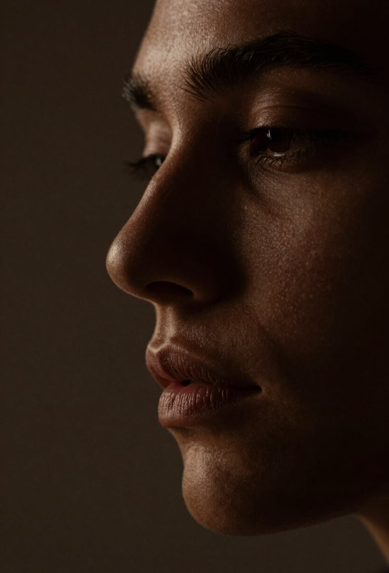 A minimalist close-up of a face partially obscured by deep shadows. The lighting is Warm Bronze, catching only the edge of a profile. Sophisticated, intimate, and dark aesthetic.