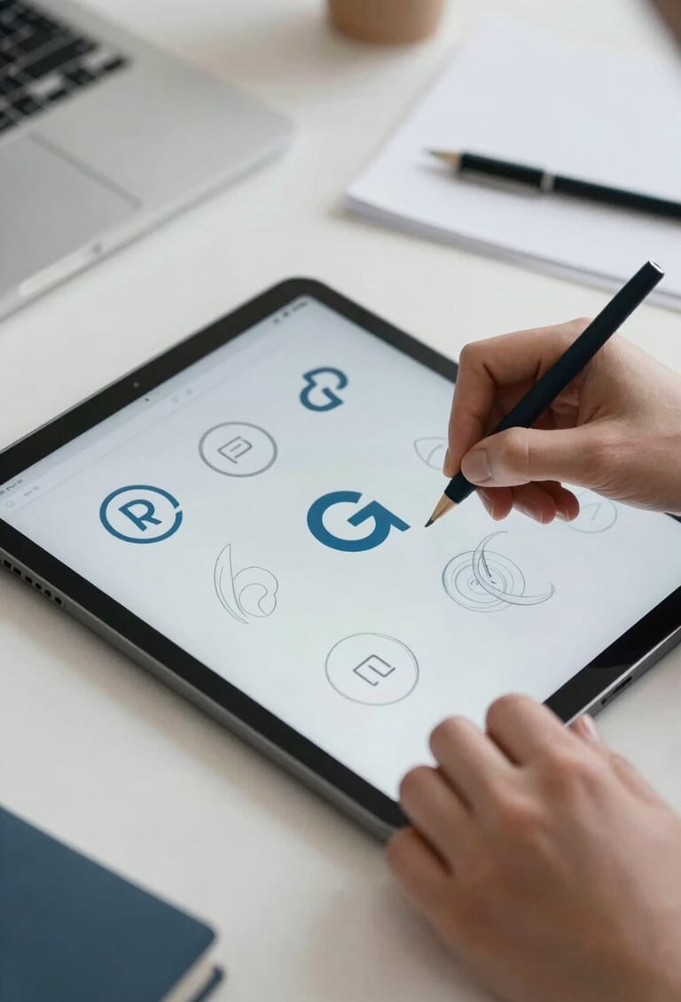 Close-up of a designer's hands sketching logo concepts on a tablet in a bright International / Western creative space. The scene features a clean aesthetic with Dark Slate Navy and Pale Blue accents.
