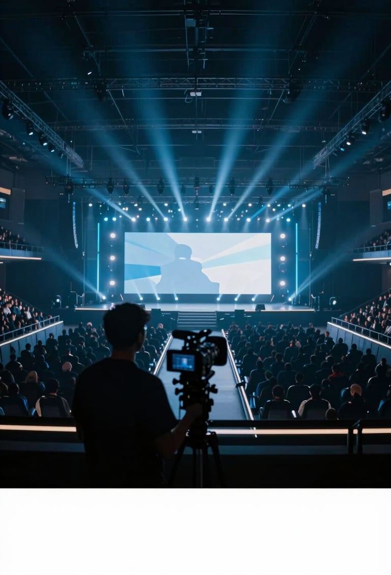 A wide, low-angle shot of a massive esports arena stage, illuminated by cinematic lighting in #4A6075 and #8EA7BF, showing a silhouette of a camera operator in the foreground.