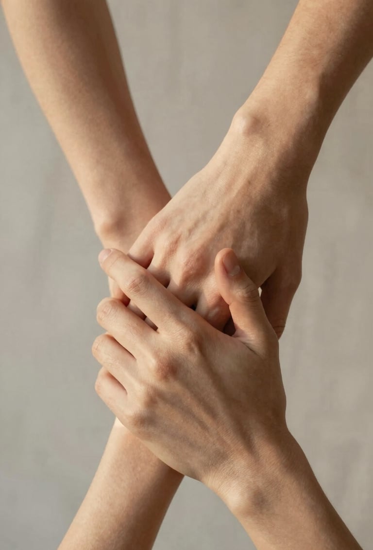 Close up of two hands gently intertwined against a neutral linen background, sun-drenched golden hour light, soft focus, warm #F8F5EF and #C8B6A6 tones, intimate and authentic photography style.
