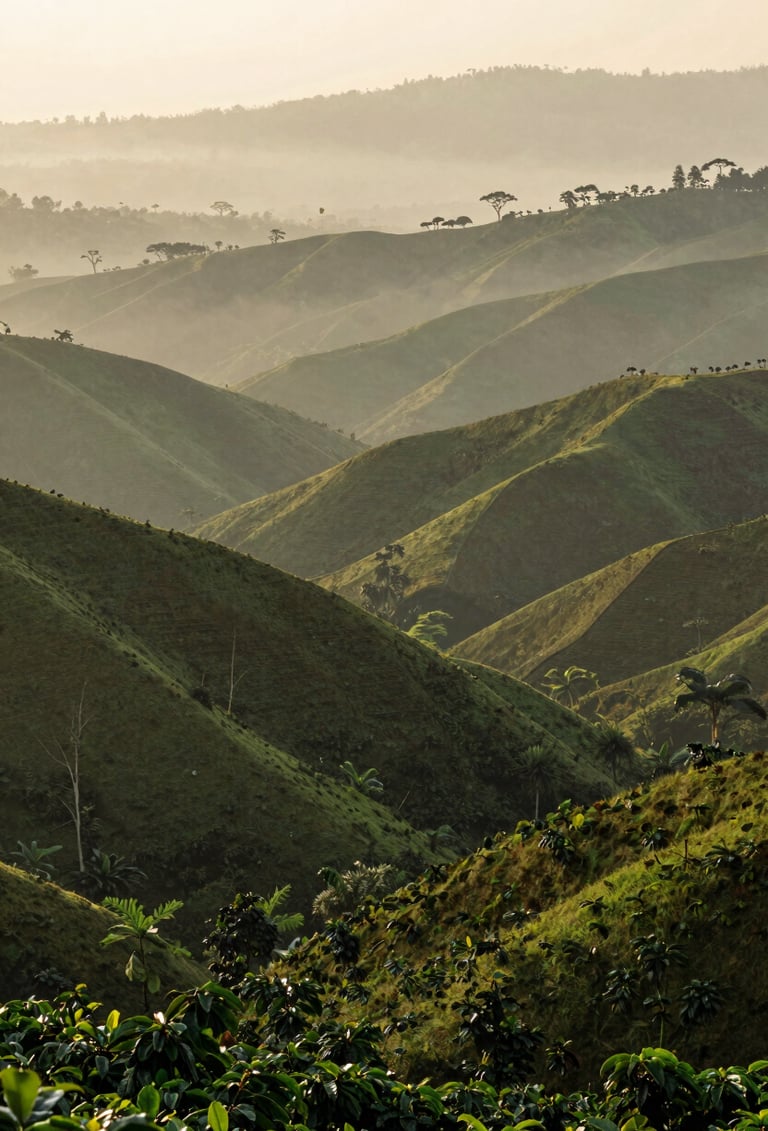 Wide angle landscape photography of rolling green coffee hills in a South American / Latin valley under soft morning mist, elegant and calm composition with layers of deep green and cream light.