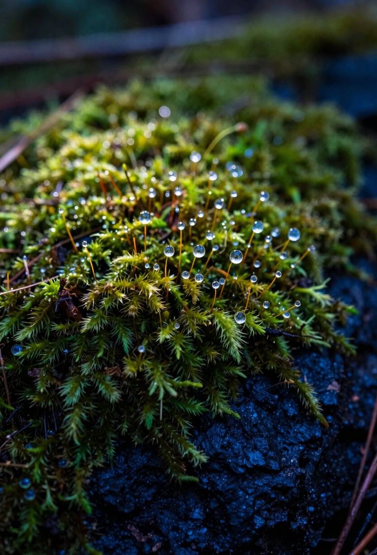 An artistic macro photograph of a North American / US forest floor. Tiny dew drops rest on vibrant green moss, with dark navy and steel blue shadows creating depth. The lighting is soft morning sunlight, showcasing high detail and a professional nature-focused style.