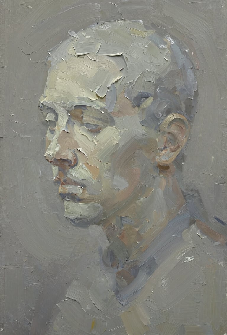 A detailed texture shot of an oil painting with heavy impasto brushstrokes. The colors include muted #C8C0B2 and #F9F8F7 highlights. The mood is contemplative and tactile, with soft shadows defining the ridges of the paint.