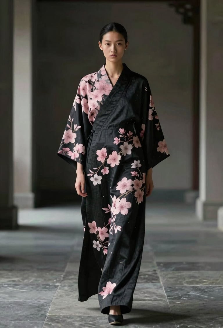 A full-length cinematic shot of a model in an East Asian / South Asian influenced for a global luxury audience minimalist architectural space, wearing a contemporary silhouette made of Sa-Koi textiles. The garment features soft cherry blossom pink highlights against a charcoal black base. The lighting is editorial and moody.
