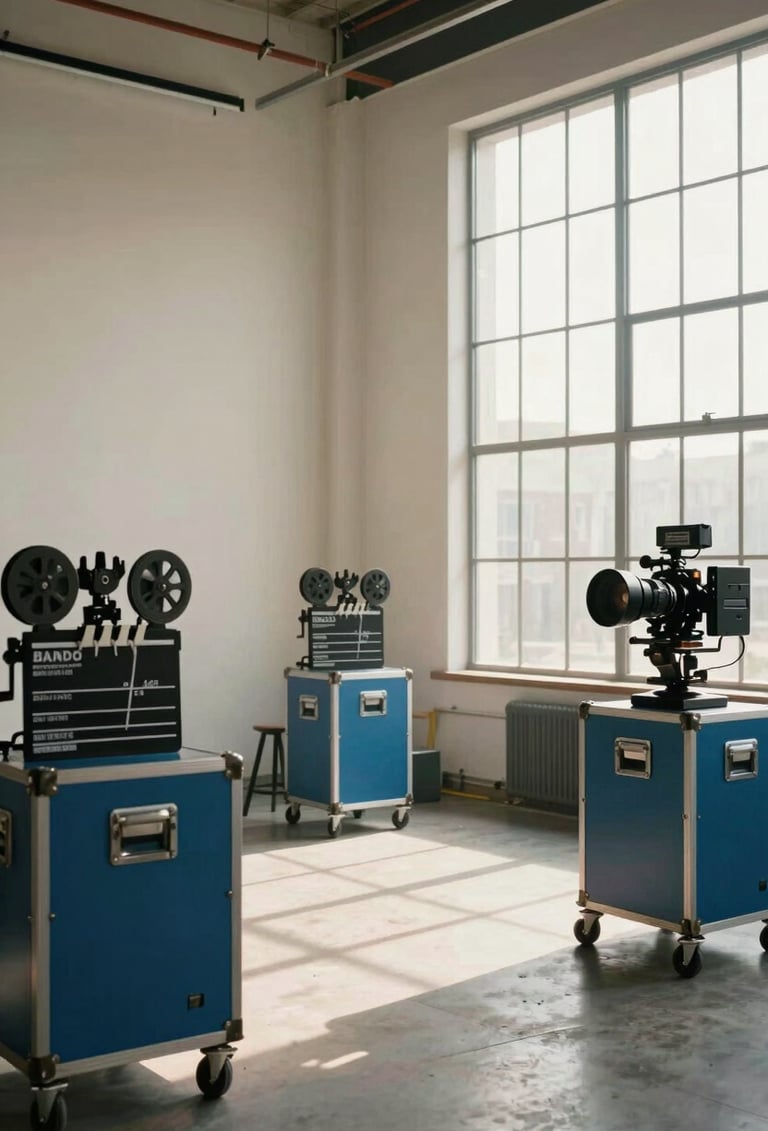 Cinematic wide shot of a high-end film production studio in the US, soft morning light pouring through large windows, slate blue equipment and off-white walls, sophisticated and professional composition.