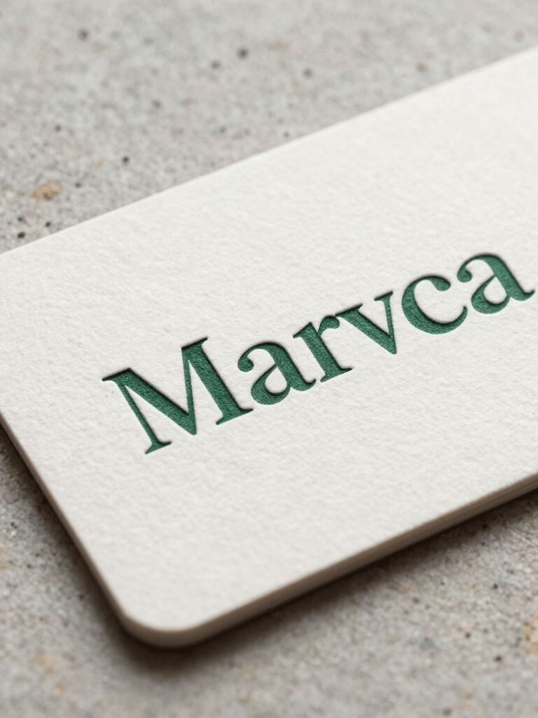 Close-up macro photography of a minimalist branding project. An off-white business card with deep dark green embossed typography. The background shows a textured light gray stone surface. South American / Brazilian professional aesthetic, soft morning light.