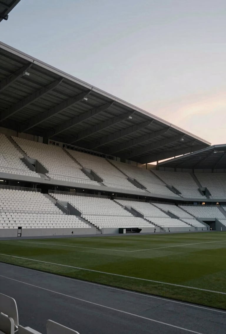 Cinematic wide-angle shot of a minimalist, empty Northern European football stadium at twilight. The architecture is sharp and modern. The color palette is dominated by charcoal and off-white tones.