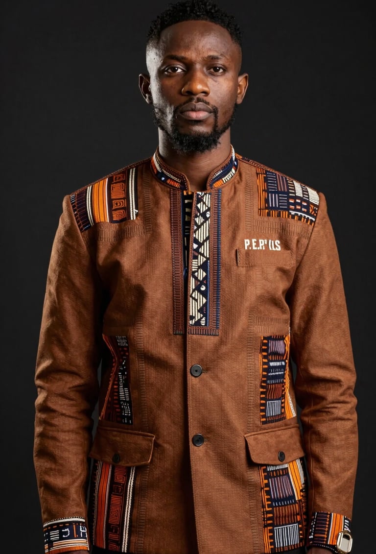 A powerful studio portrait of P.E.P YLS wearing a custom-tailored jacket in #3D2C20 brown, blending Nigerian textile patterns with modern streetwear silhouettes. The background is a clean #0A0A0A, and the lighting is sharp, emphasizing his confident expression and regal posture.