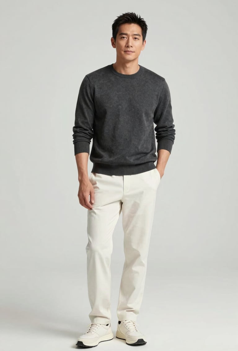 Full-length photography of a professional actor in a bright, modern studio in the US. The composition is clean and minimalist, featuring a contemporary casual outfit in charcoal and off-white. The lighting is soft and even, highlighting a versatile and professional persona.