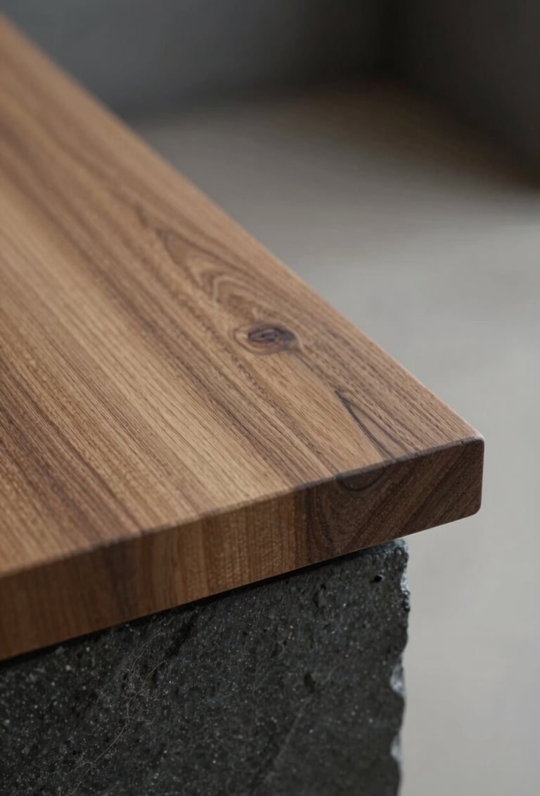 Macro photography detail of premium sustainable wood grain and dark slate grey stone, soft professional lighting in a modern Central European / German studio environment.