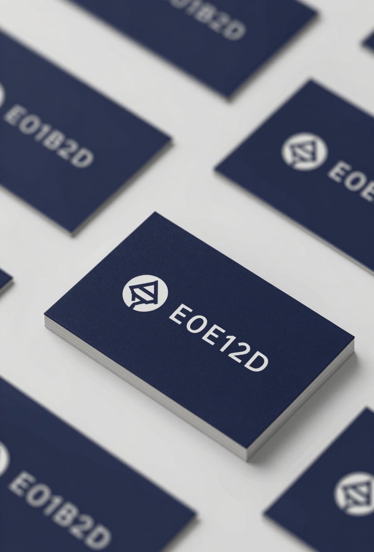 A sleek, professional business card design layout. The cards are dark navy (#0D1B2A) with silver-white (#E0E1DD) minimalist logos. Elegant composition on a neutral surface.