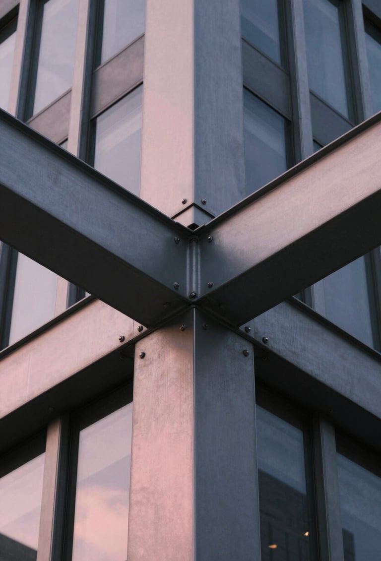 A macro photography shot focusing on the intersection of two steel beams on a modern US skyscraper. The color palette features charcoal gray and a hint of soft pink light reflecting off the metal. The composition is balanced and perfectly symmetrical, echoing Bauhaus design.