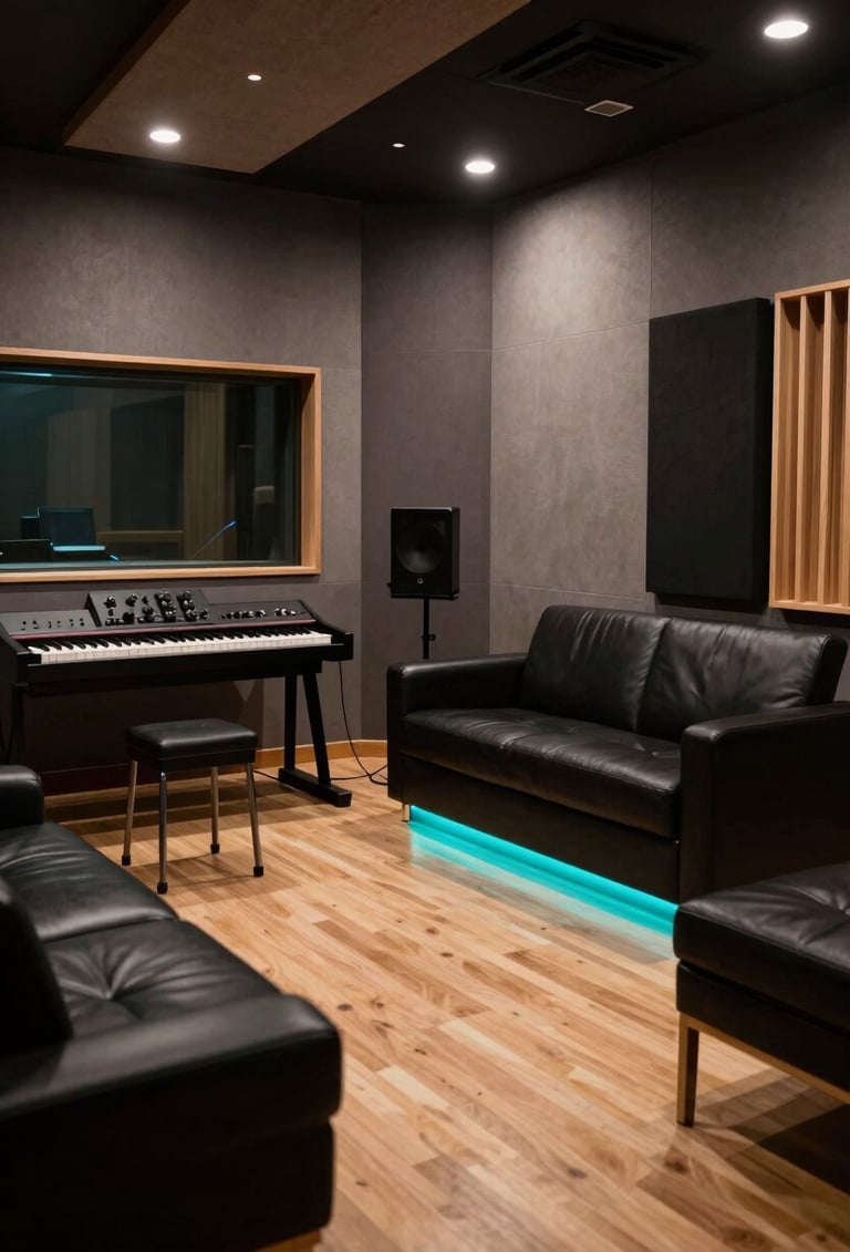 A wide, cinematic shot of a professional music recording studio in Bogotá, Colombia. Dark slate grey acoustic panels, deep black furniture, and subtle neon cyan LED strips accenting the floor.