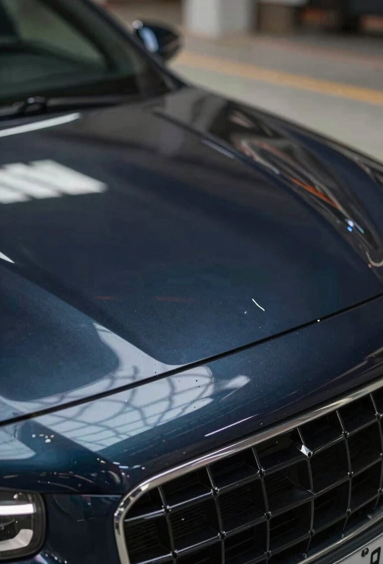 A close-up 'Before' shot of a sharp dent on a luxury car's deep navy metallic hood, reflecting overhead garage lights showing distortion in the metal.