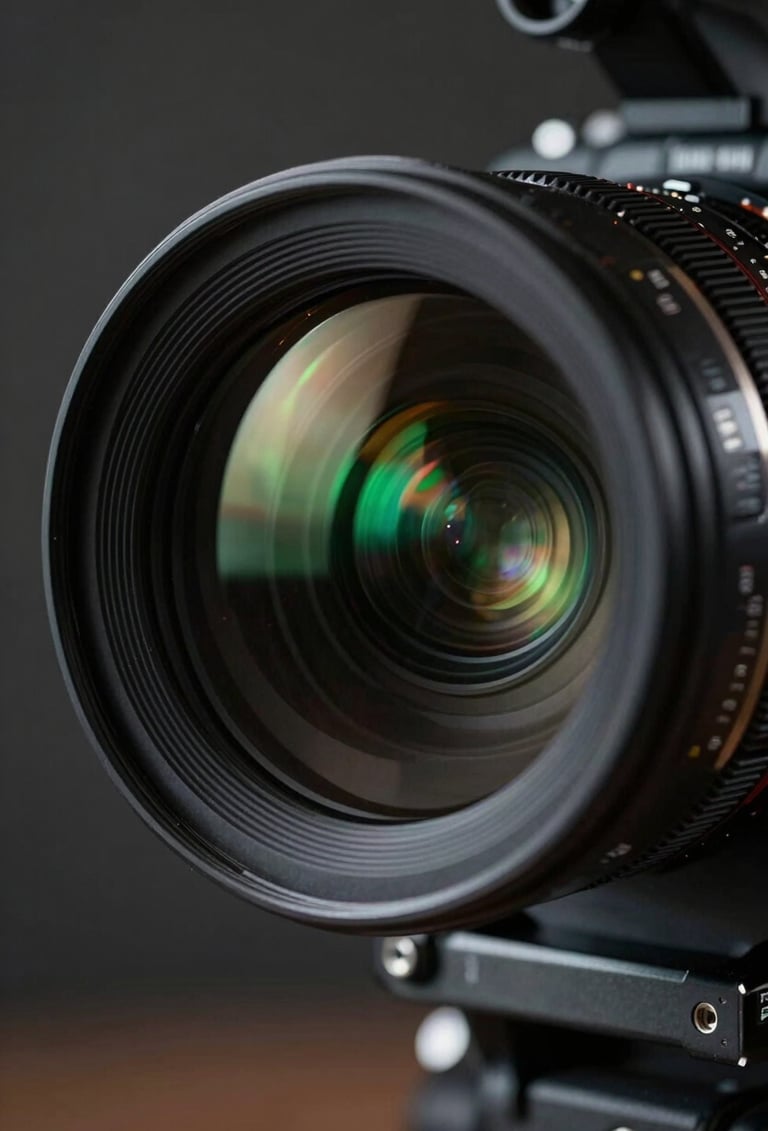 Extreme close-up of a professional cinema camera lens reflecting a dark, technological environment. Subtle neon green light glows from the side, emphasizing precision and high performance. South American creative studio setting, cinematic atmosphere.